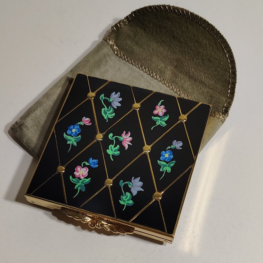 MCM Vintage Volupte Powder Compact with Mirror Art Deco Black Enamel Flowers